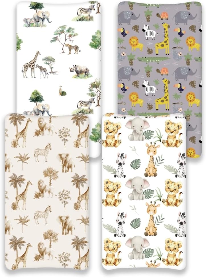FIGEPO 4 Pack Safari Jungle Animals Neutral Unisex Fitted Nursery Baby Sheets Set Toddler Mattress Sheets for Baby Boys or Girls (Changing Pad Cover) - Image 3